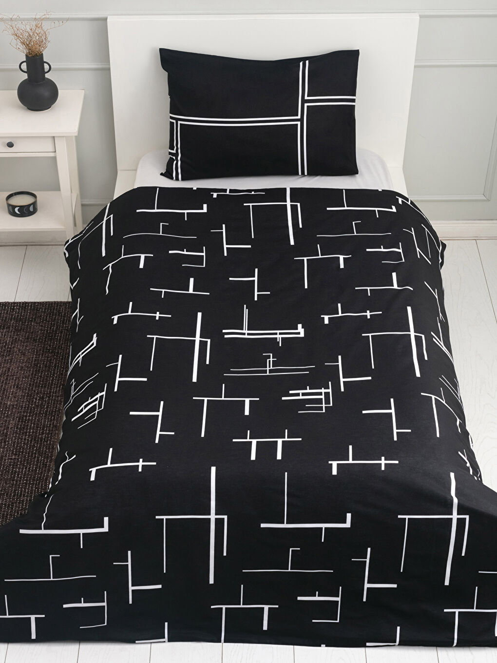 LCW HOME Siyah Tek Kişilik Pamuklu Desenli Nevresim ve Yastık Kılıfı - 2