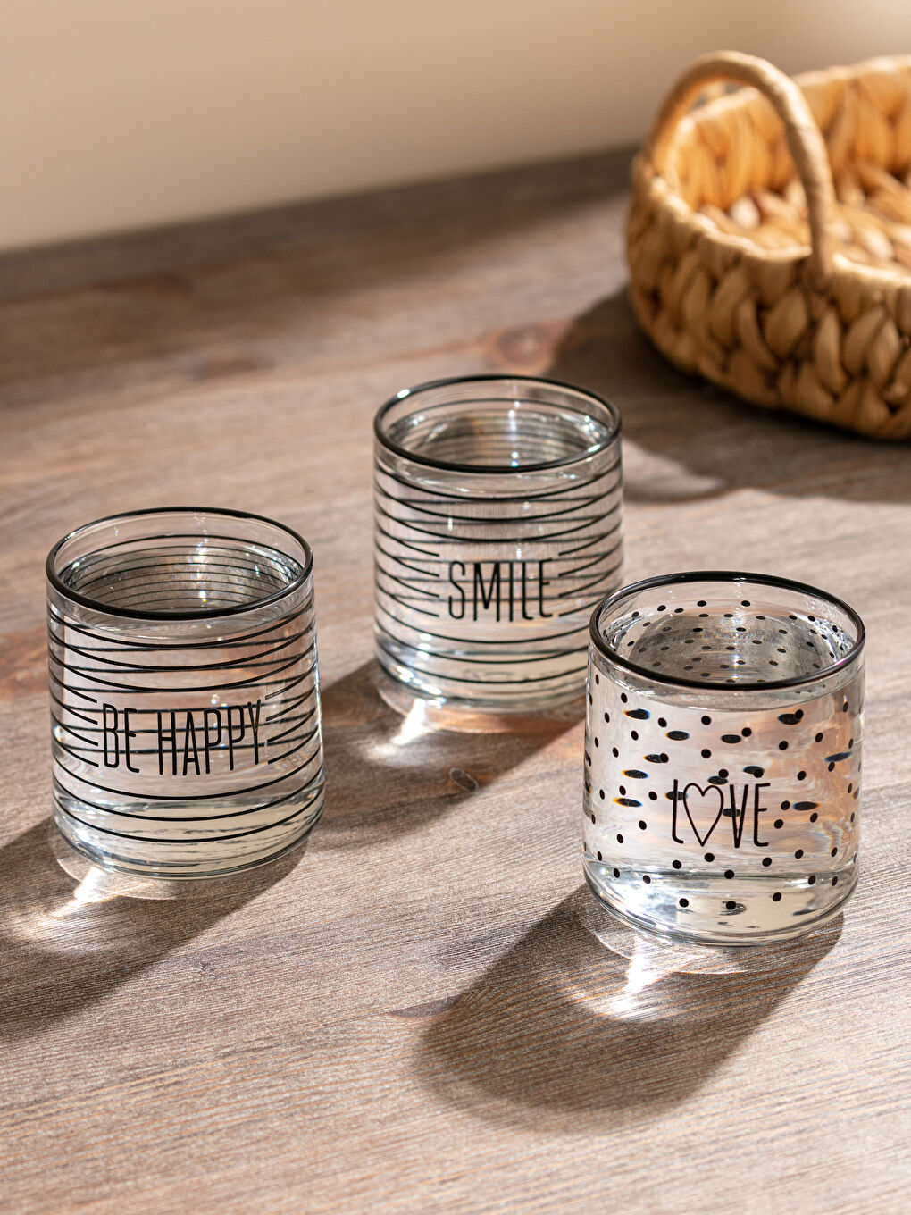 Text Printed Glass Water Cup 260 Ml 3 Pieces