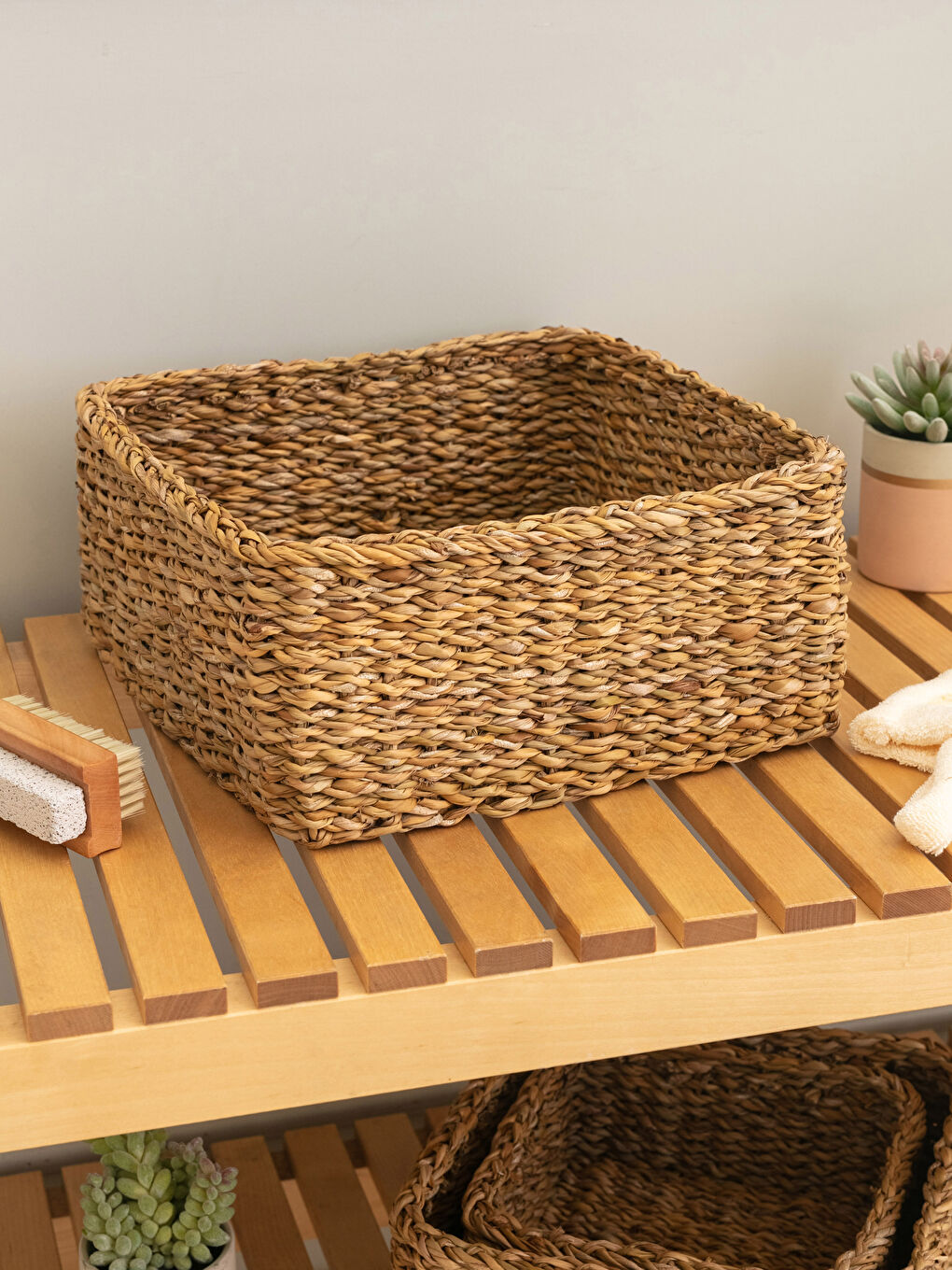Kahverengi Düz Hasır Organizer Sepet 26x26x12 cm-2