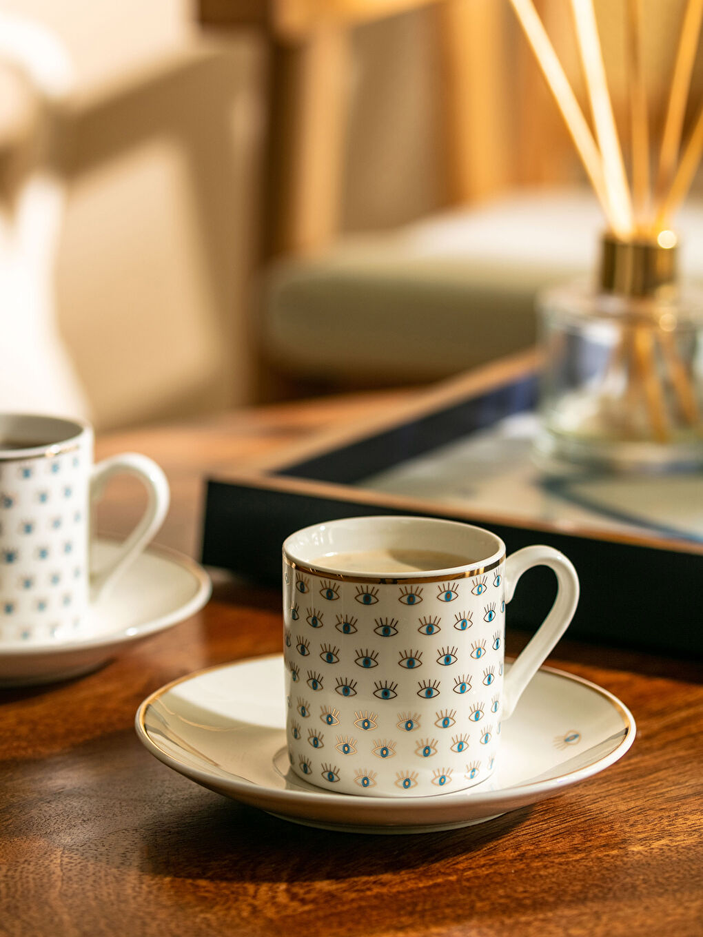 Sarı 2 Kişilik Desenli Porselen Kahve Fincan Takımı 90 ml