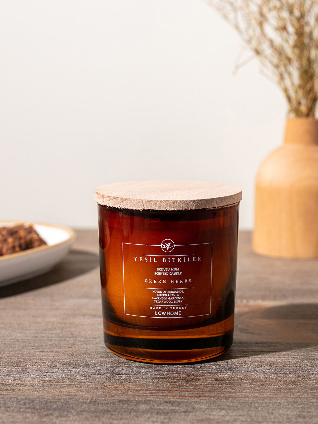 Kahverengi Yazı Baskılı Yeşil Bitki Kokulu Dekoratif Mum 190 g-2
