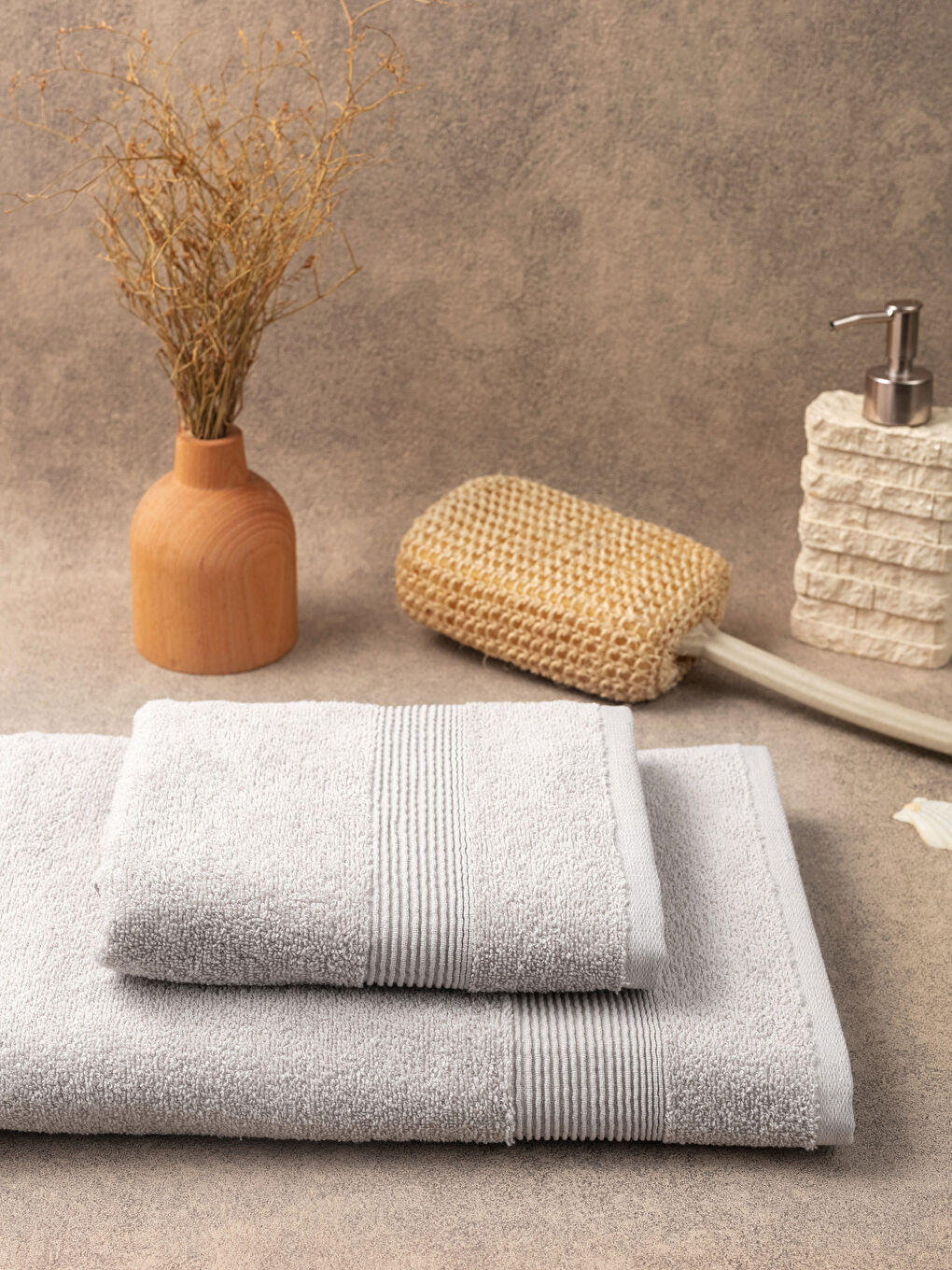 Bej Kadın Düz Banyo Havlu Seti 2'Li