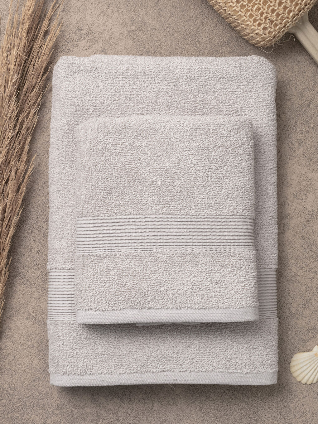 Bej Kadın Düz Banyo Havlu Seti 2'Li-1