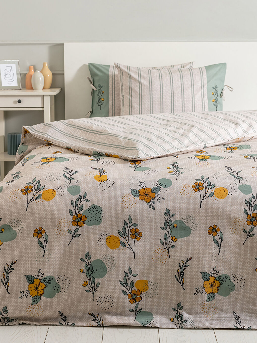 طقم غطاء لحاف مزدوج بنقشة زهور قطنية مزدوجة الوجهين وغطاء وسادة