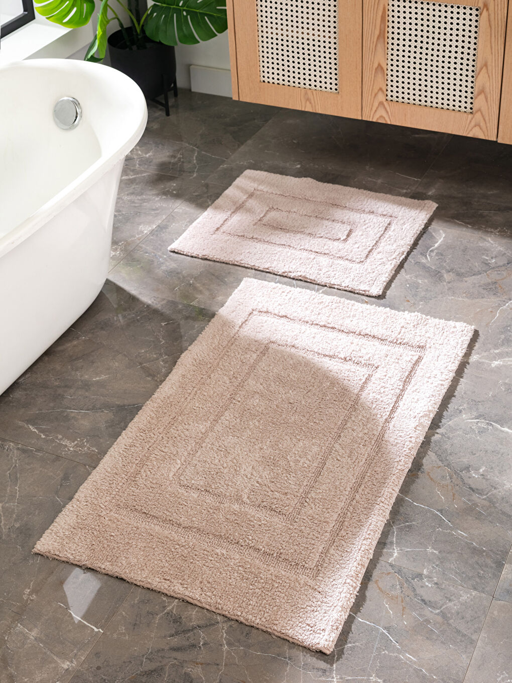 Bej Geometrik Desenli Banyo Paspası 2'li