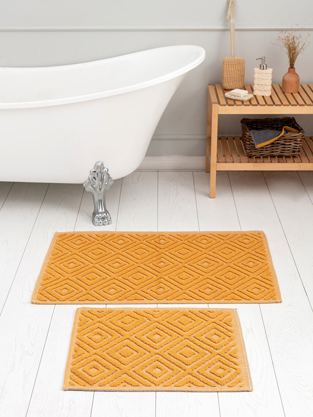 Sarı Pamuklu Geometrik Desenli Banyo Paspası 2'li