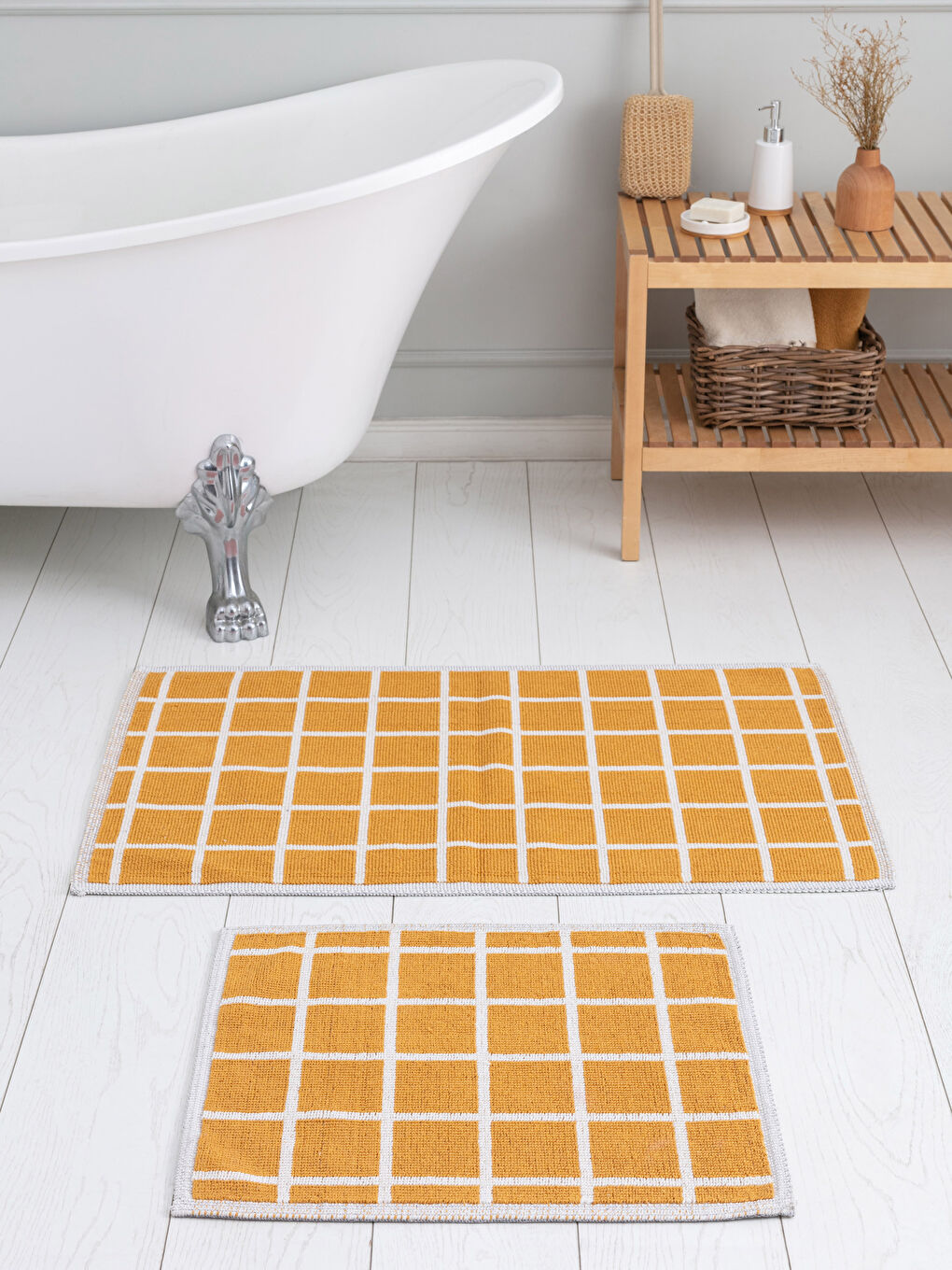 Sarı Pamuklu Geometrik Desenli Banyo Paspası 2'li