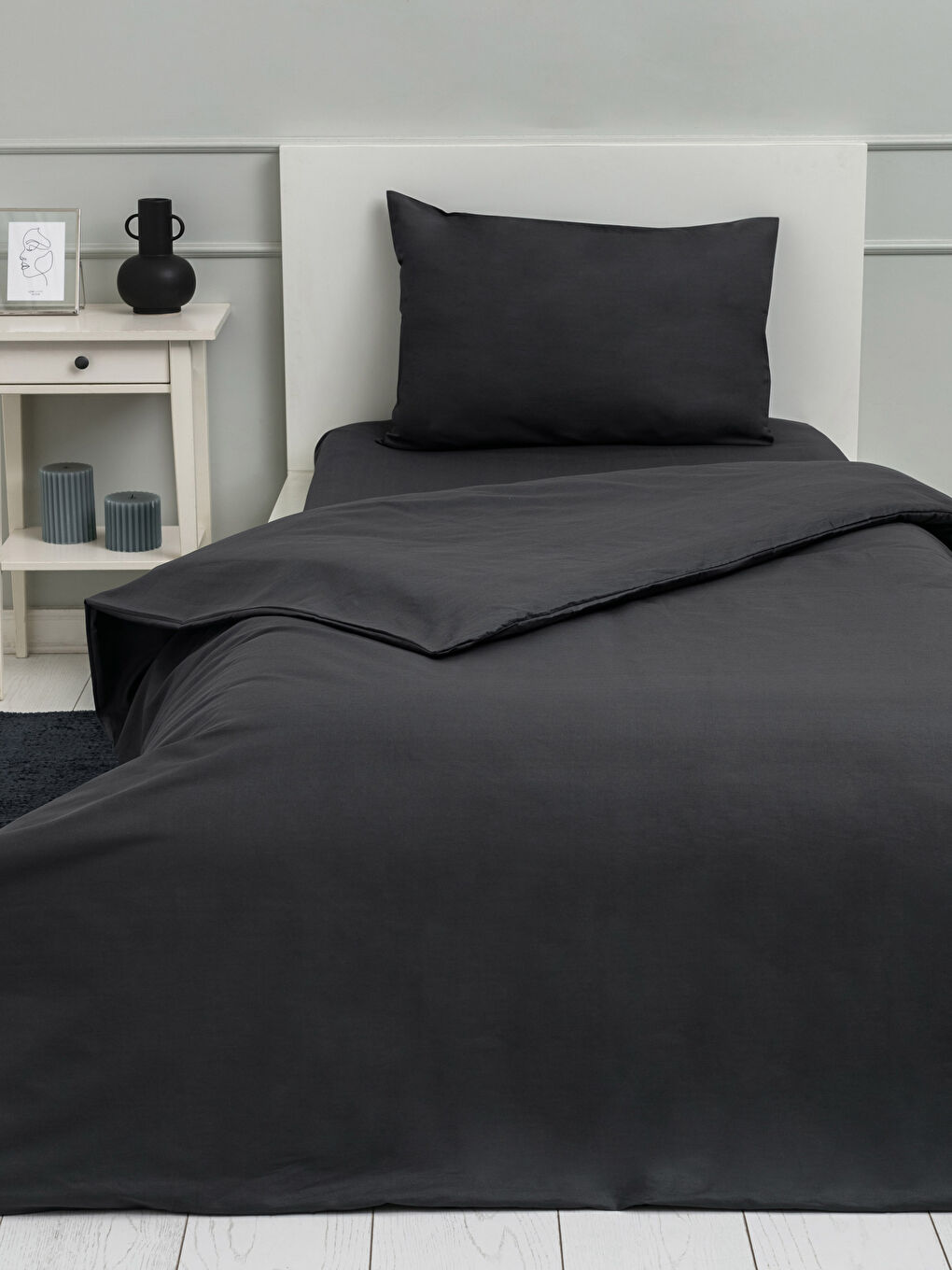 Antrasit Tek Kişilik Düz Pamuklu Nevresim Takımı