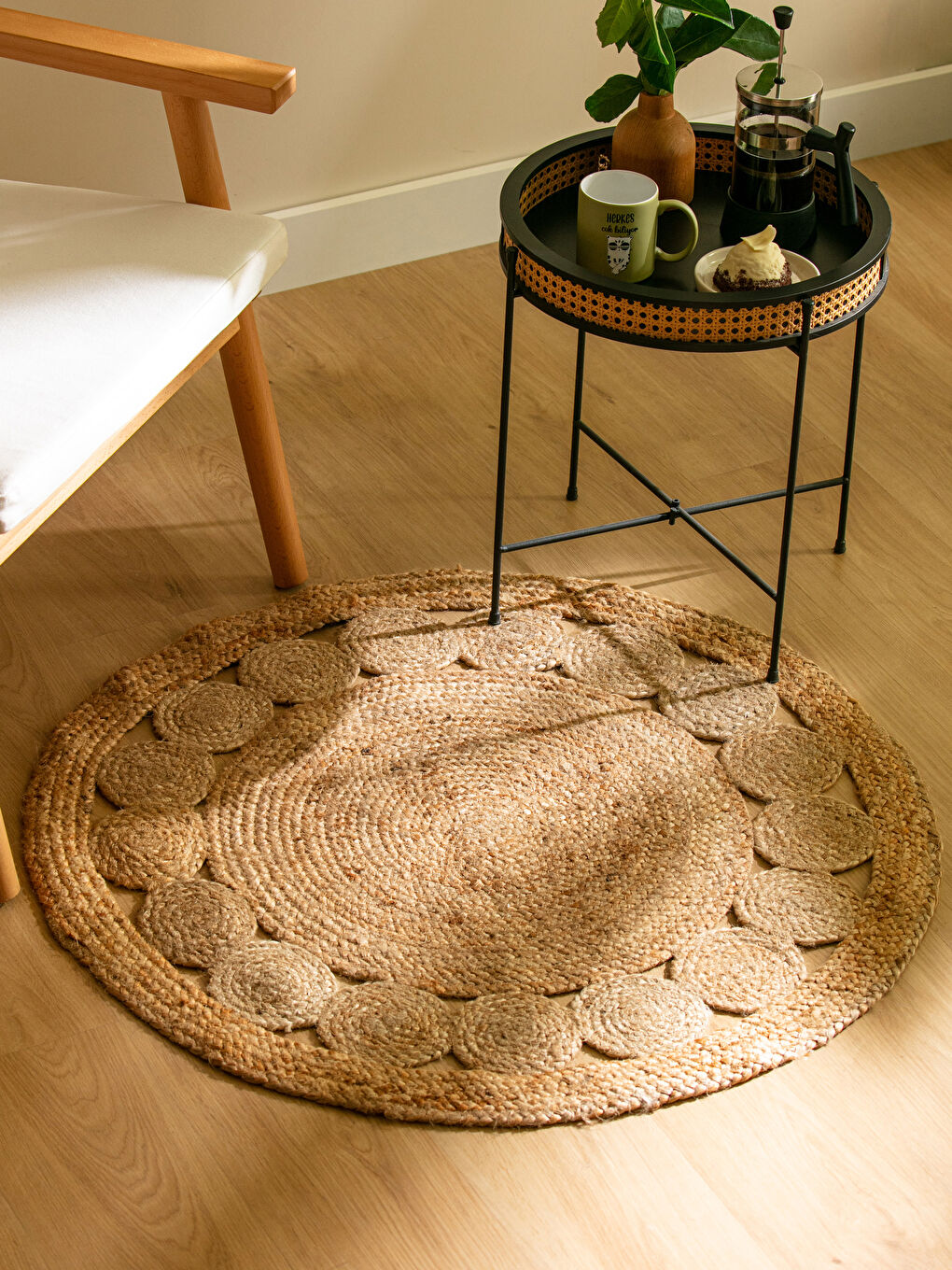 Bej Kendinden Desenli Jüt Halı 90x90 cm