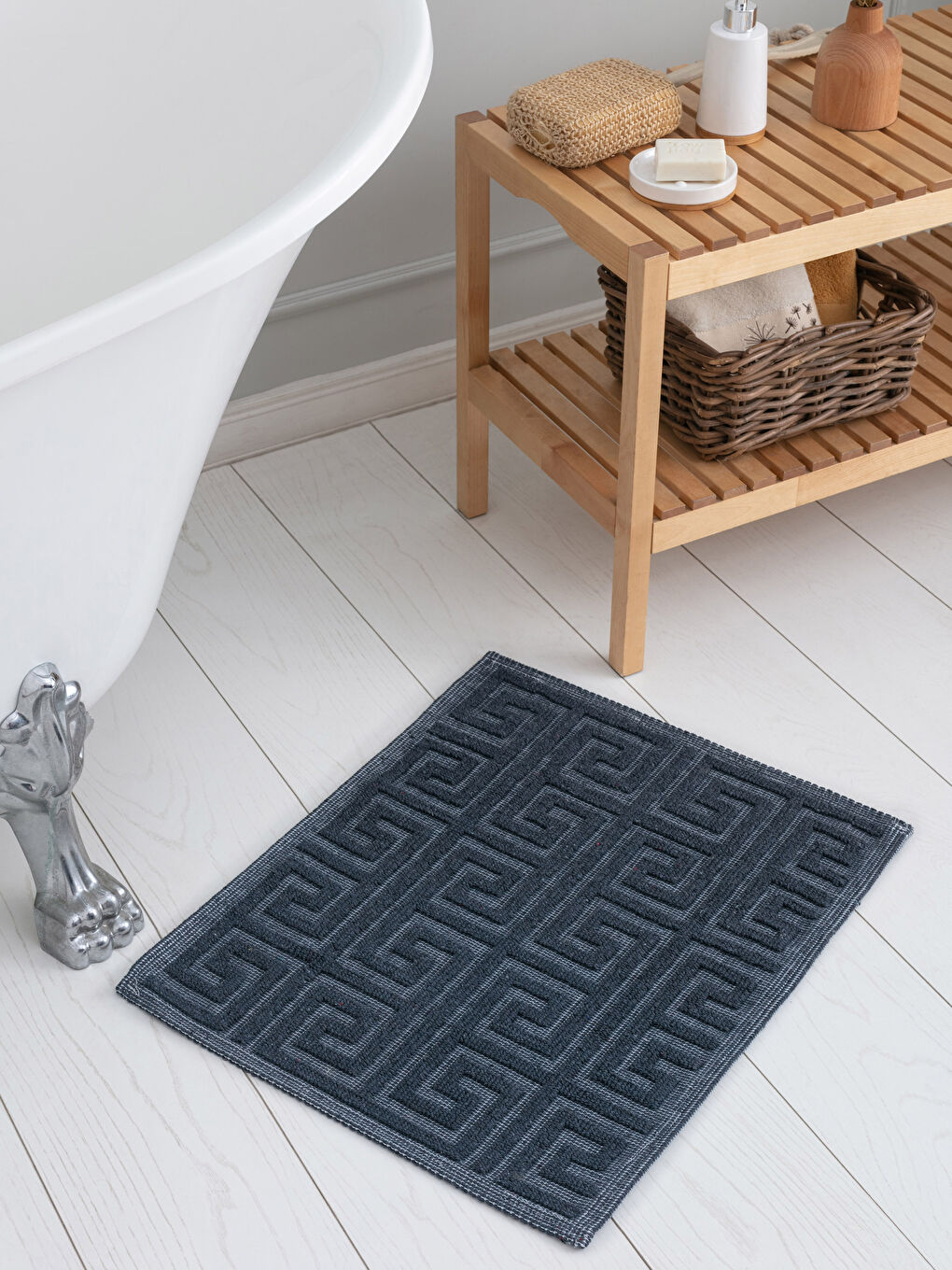 Gri Pamuklu Geometrik Desenli Banyo Paspası 50x60 cm