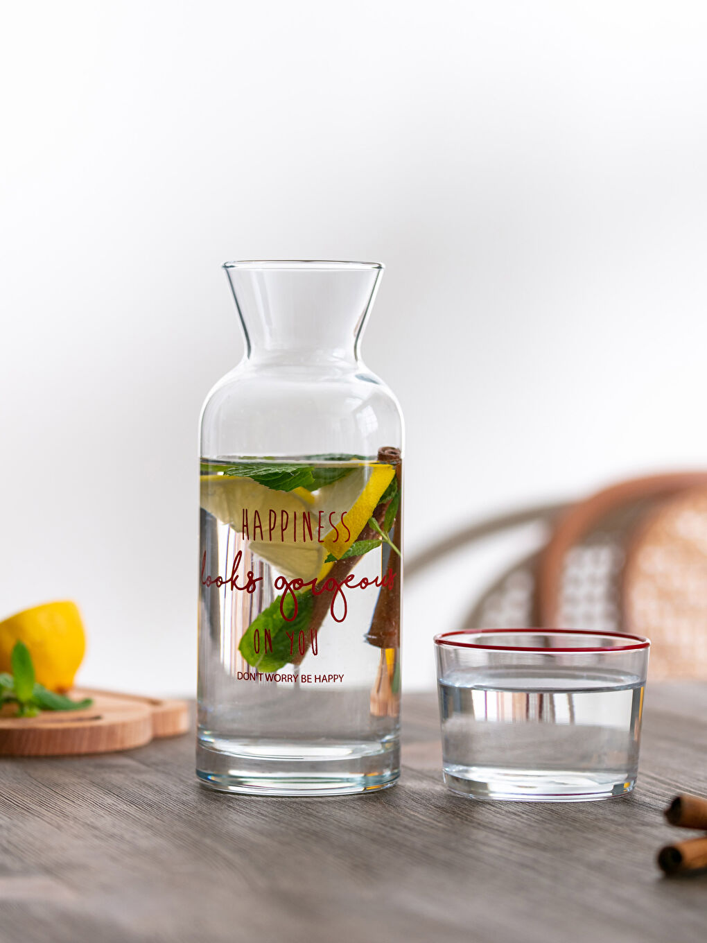 Glass Carafe Pitcher with Letter Printed Glass Lid 700 Ml