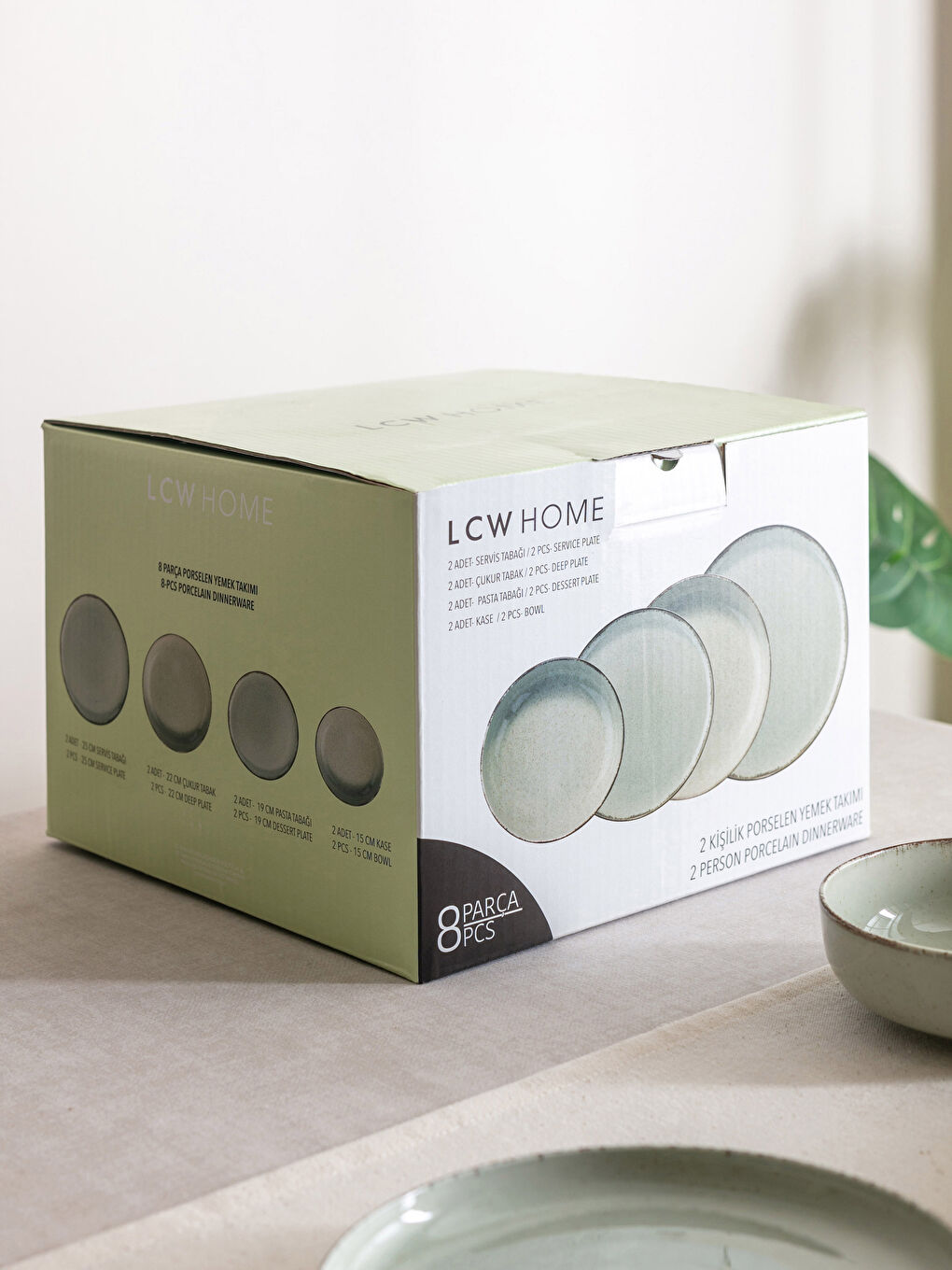 Yeşil Düz Porselen 8'li 2 Kişilik Yemek Takımı-5