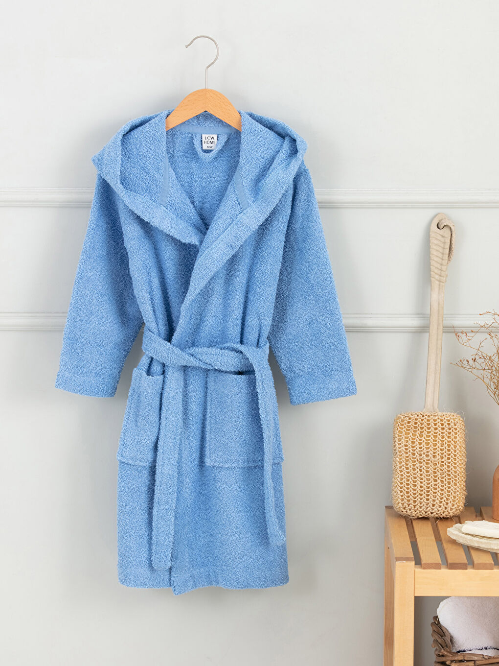 Mavi Düz Uzun Kapüşonlu Erkek Çocuk Bornoz