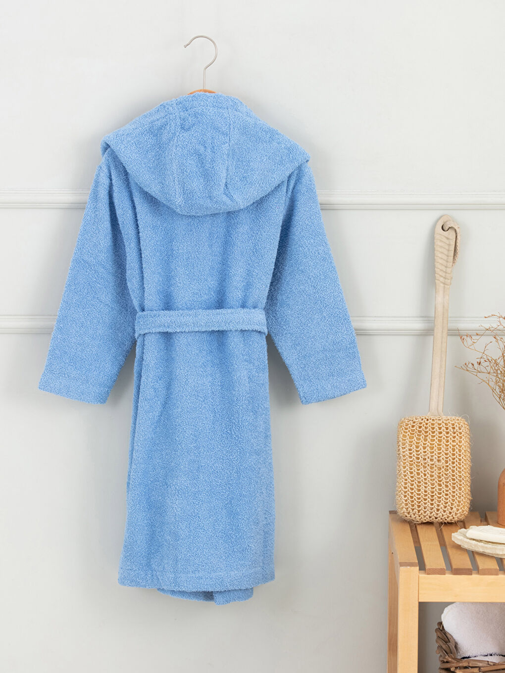 Mavi Düz Uzun Kapüşonlu Erkek Çocuk Bornoz-1