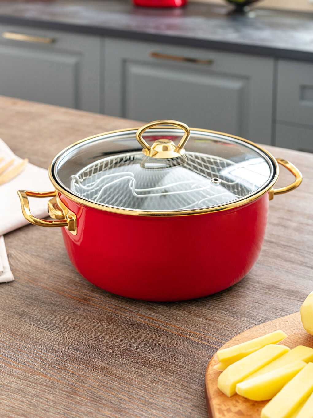 Kırmızı Emaye Kızartma Tenceresi 22 cm