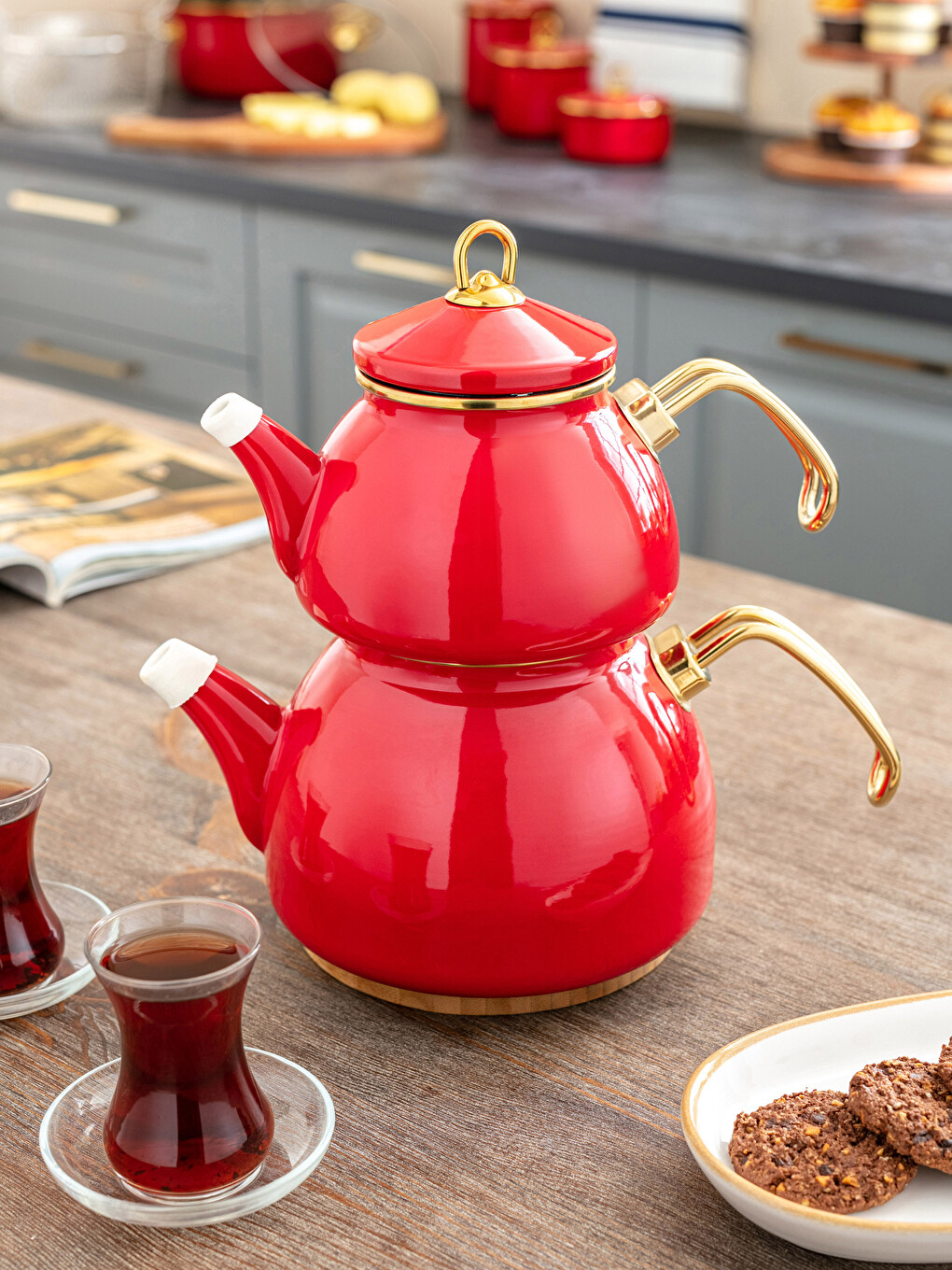 Kırmızı Emaye Çaydanlık Seti 1,1 Lt + 2,3 Lt