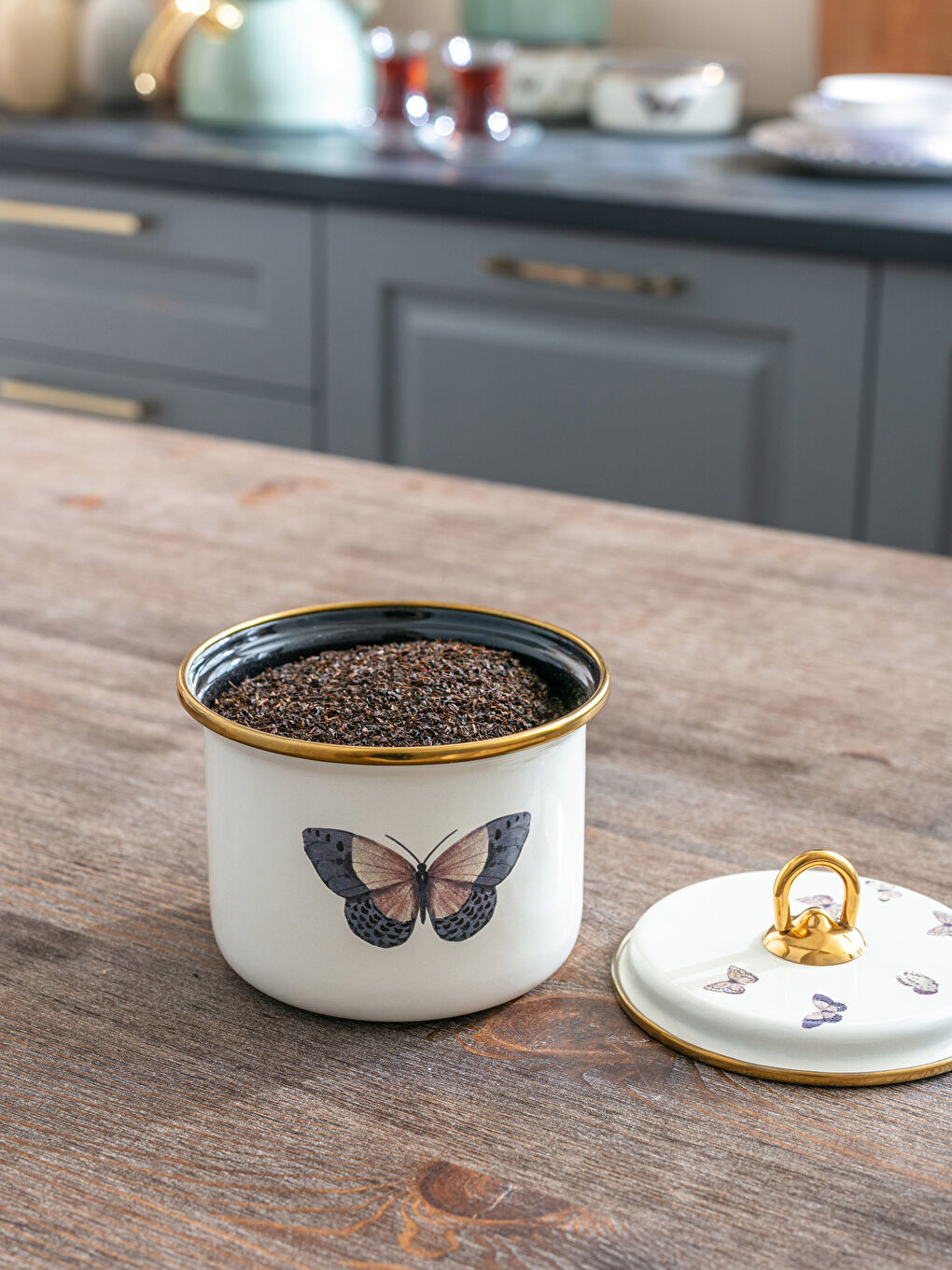 Karışık Kelebek Desenli Kapaklı Emaye Saklama Kabı 9 cm-1