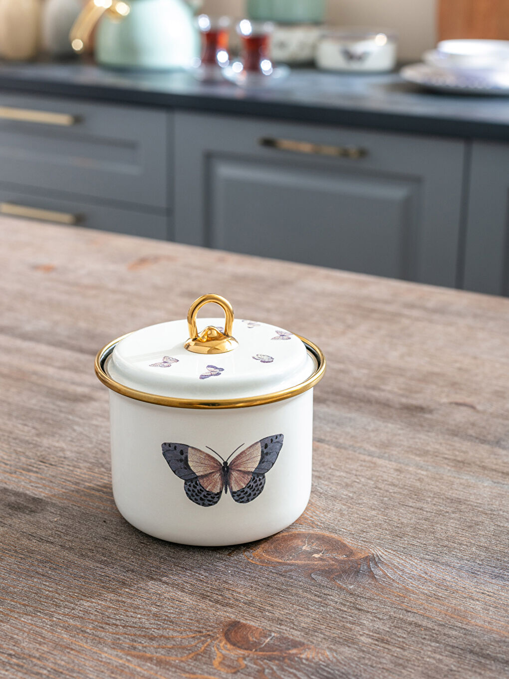 Karışık Kelebek Desenli Kapaklı Emaye Saklama Kabı 9 cm-2
