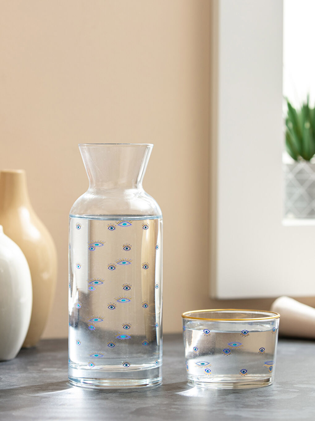 Carafă din Sticlă cu Capac din Sticlă Imprimat cu Ochi 700 Ml