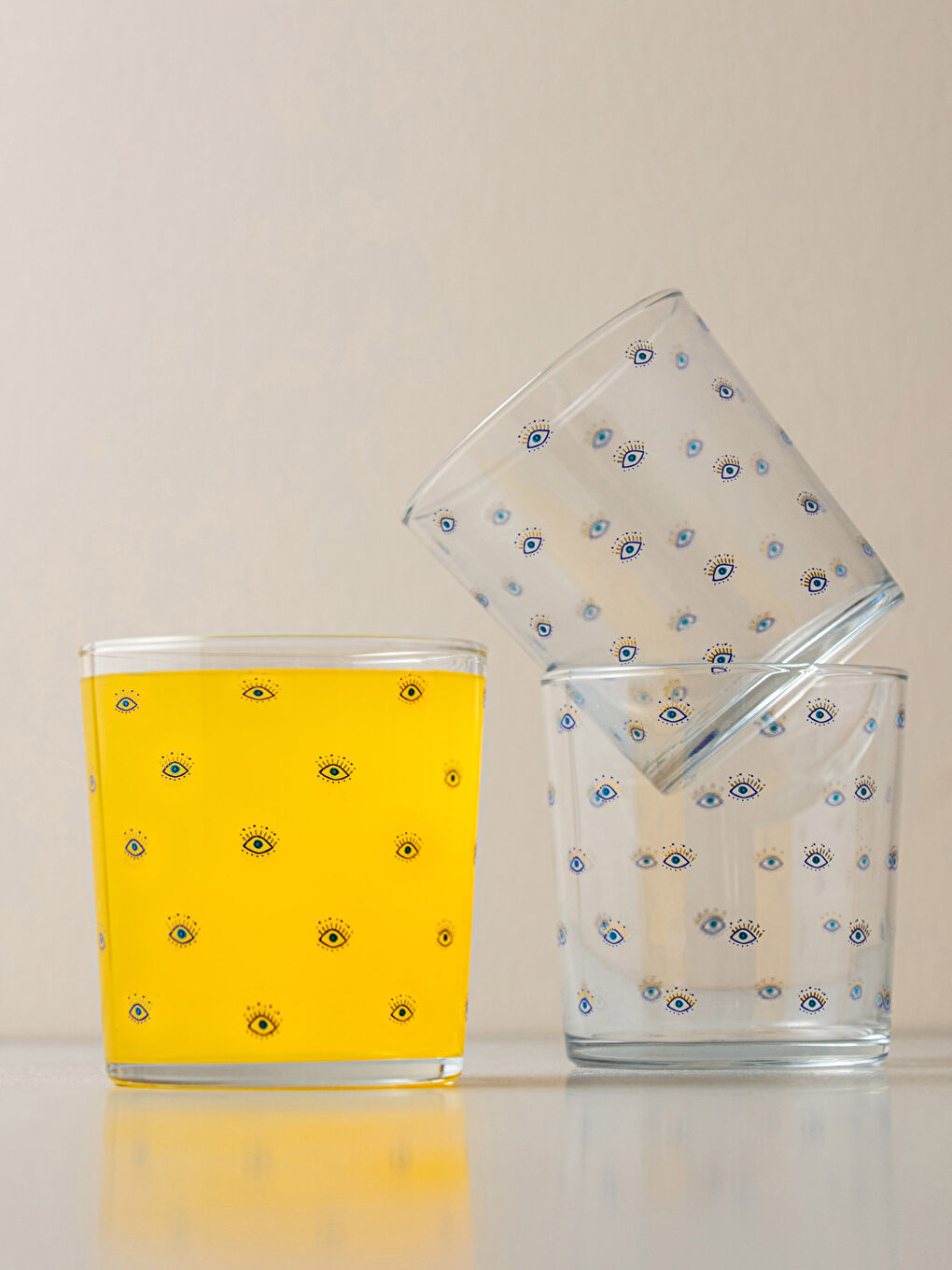 Eye Printed Glass Water Cup 3 Pcs 380 Ml
