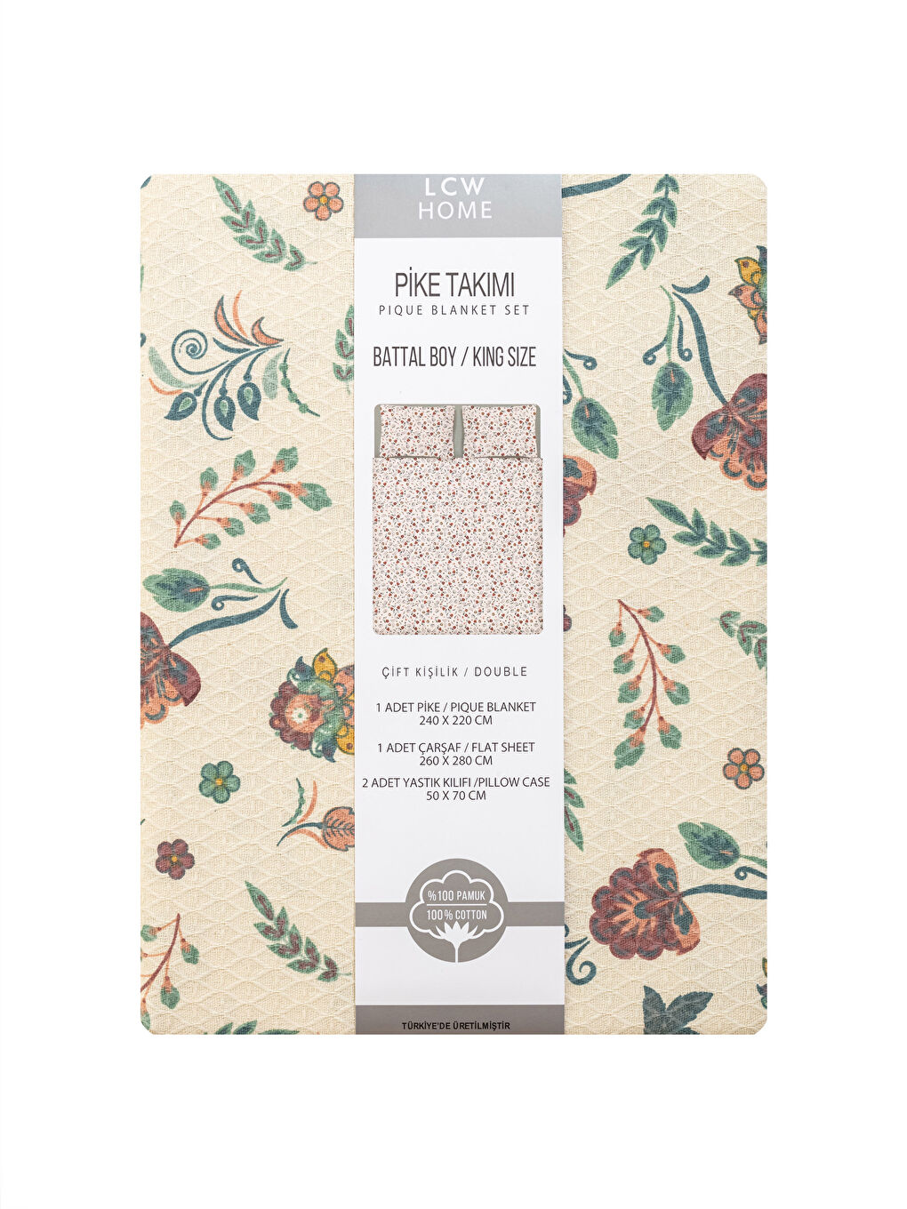 Karışık Çiçek Desenli Çift Kişilik Pike Takımı-6