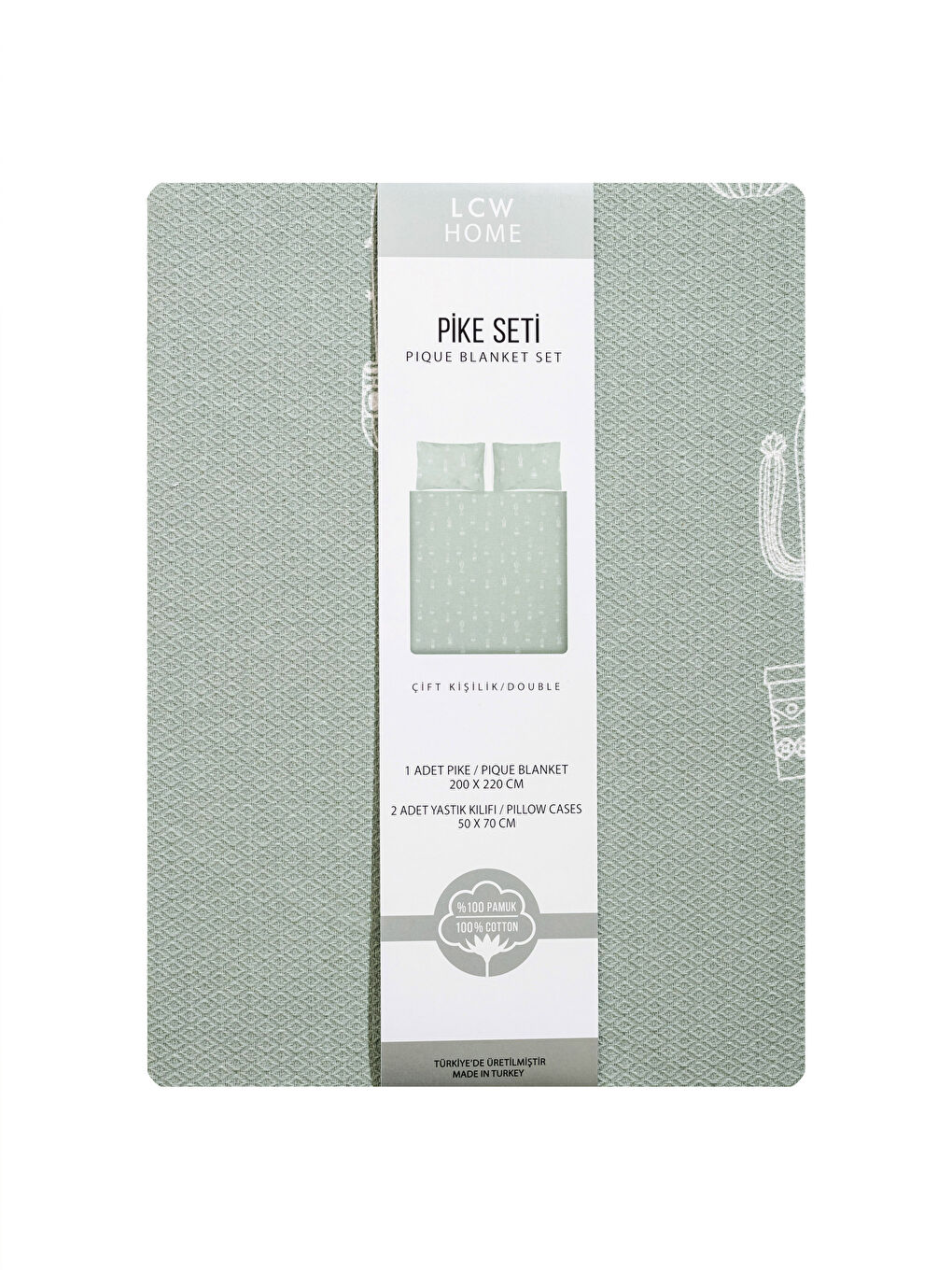 Yeşil Kaktüs Desenli Pamuklu Çift Kişilik Pike Seti-5