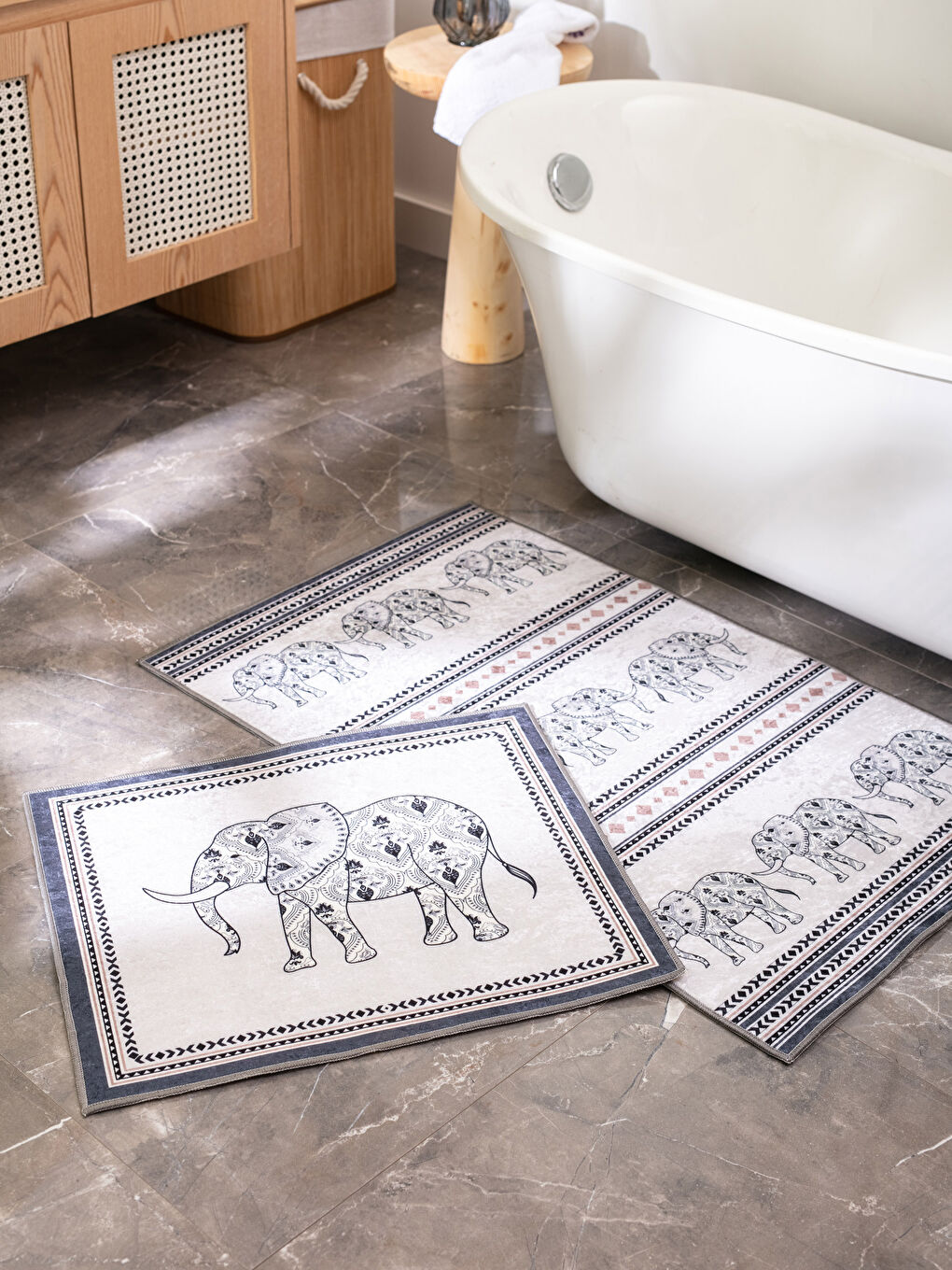 Karışık Fil Desenli Banyo Paspası 2'li