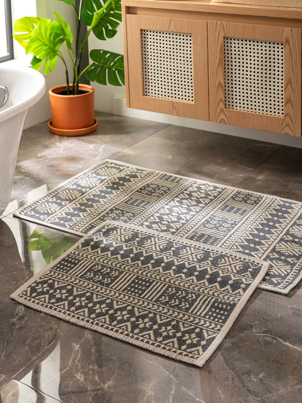 Gri Pamuklu Etnik Desenli Banyo Paspası 2'li