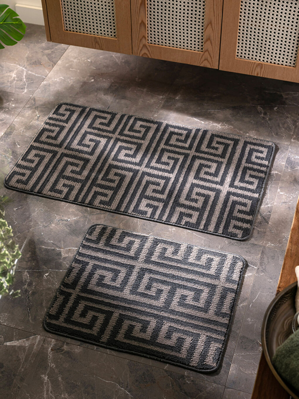 Gri Geometrik Desenli Banyo Paspası 2'li