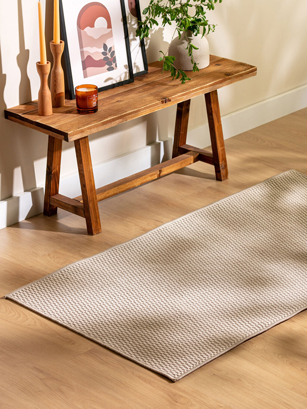 Bej Kendinden Desenli Dokuma Halı 80x150 cm