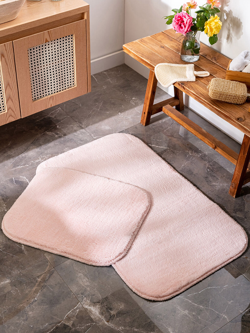 Pembe Düz Banyo Paspası 2'li