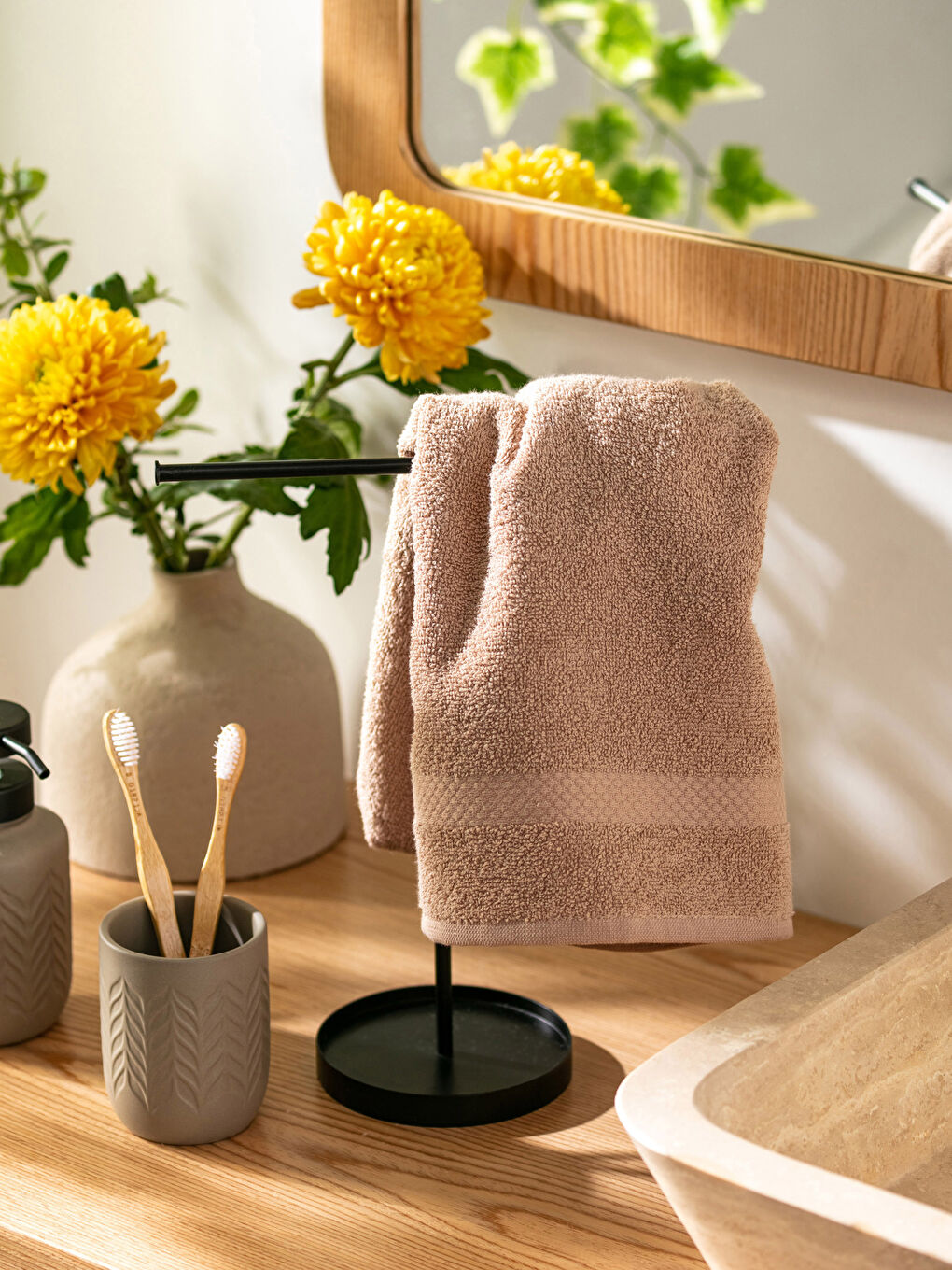 Bej Düz Pamuklu Yüz Havlusu 50x80 cm