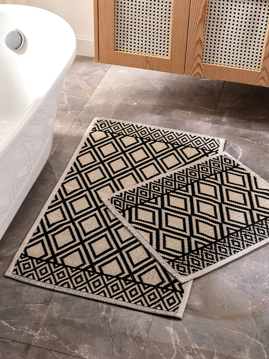 Ekru Geometrik Desenli Banyo Paspası 2'li