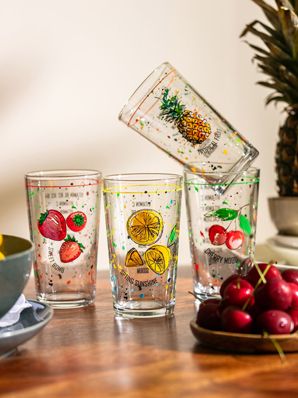 Karışık Meyve Baskılı Cam Bardak 4'lü 285 ml