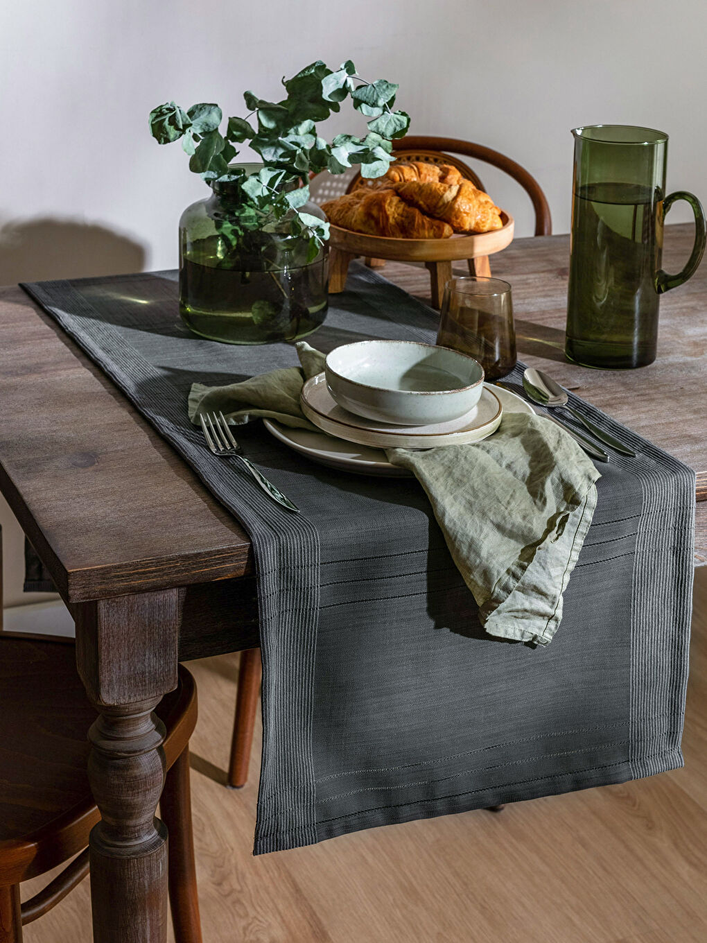 Antrasit Çizgili Dokuma Runner 45x150 cm