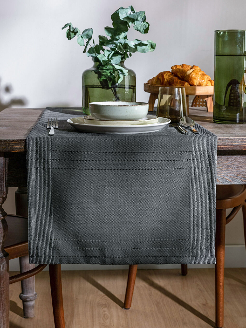 Antrasit Çizgili Dokuma Runner 45x150 cm-1