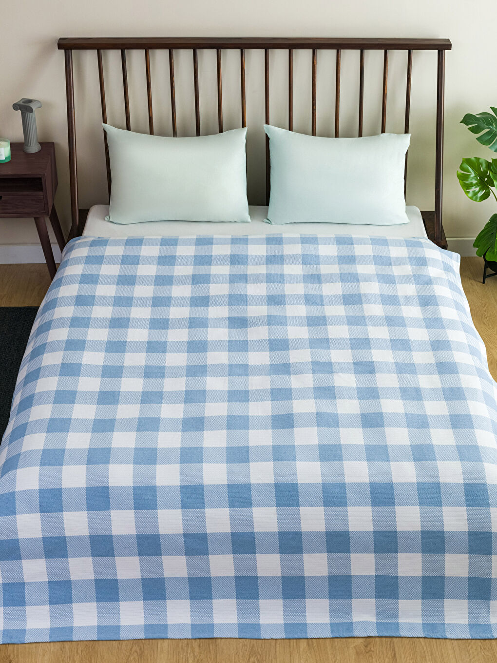 Mavi Ekose Desenli Çift Kişilik Pike 200x220 cm-1