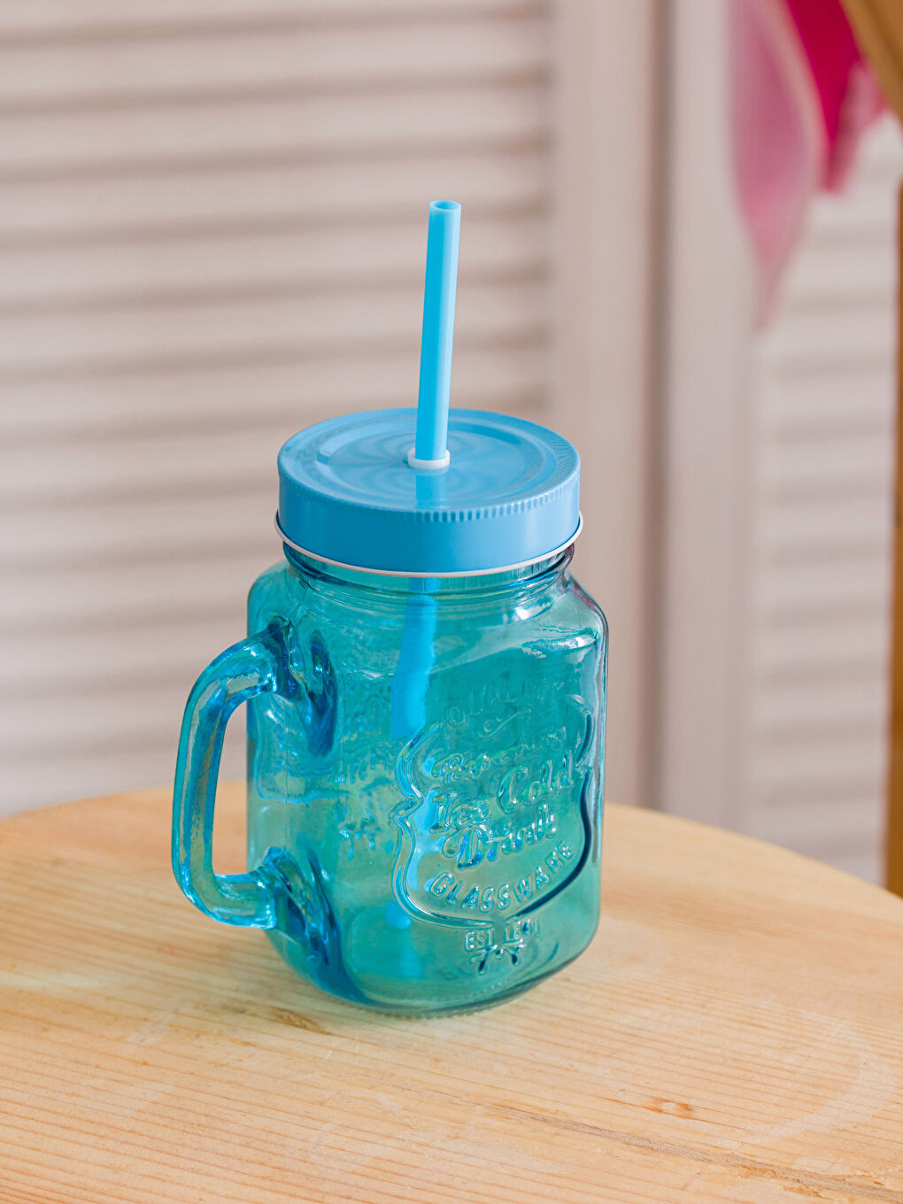 Mavi Pipetli Cam Kupa Bardak 420 ml-1