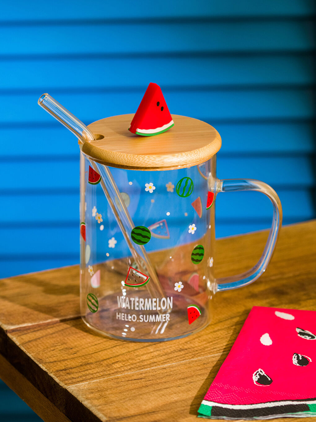 Watermelon Patterned Glass with Straw 450 Ml