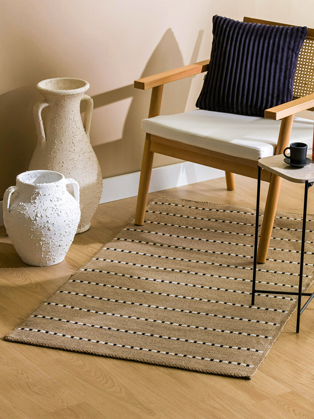 Bej Çizgili Jüt Halı 80x150 cm