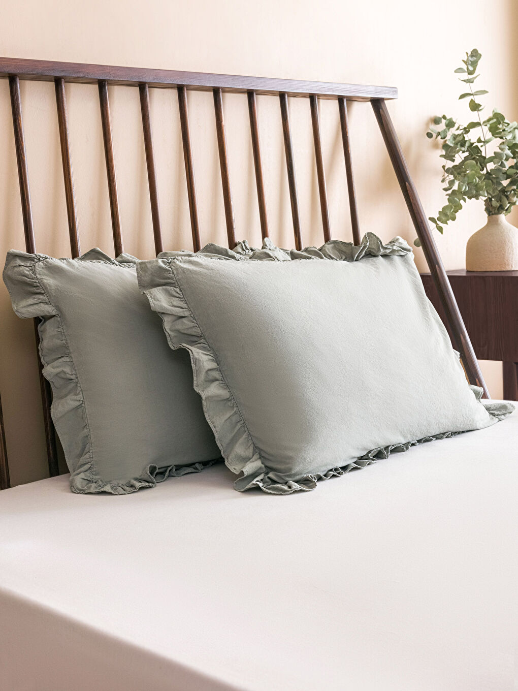 Yeşil Fırfır Detaylı Pamuklu Yastık Kılıfı 2'li 50x70 cm