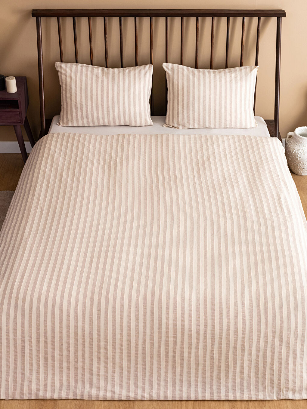 Bej Çizgili Çift Kişilik Nevresim Seti-1