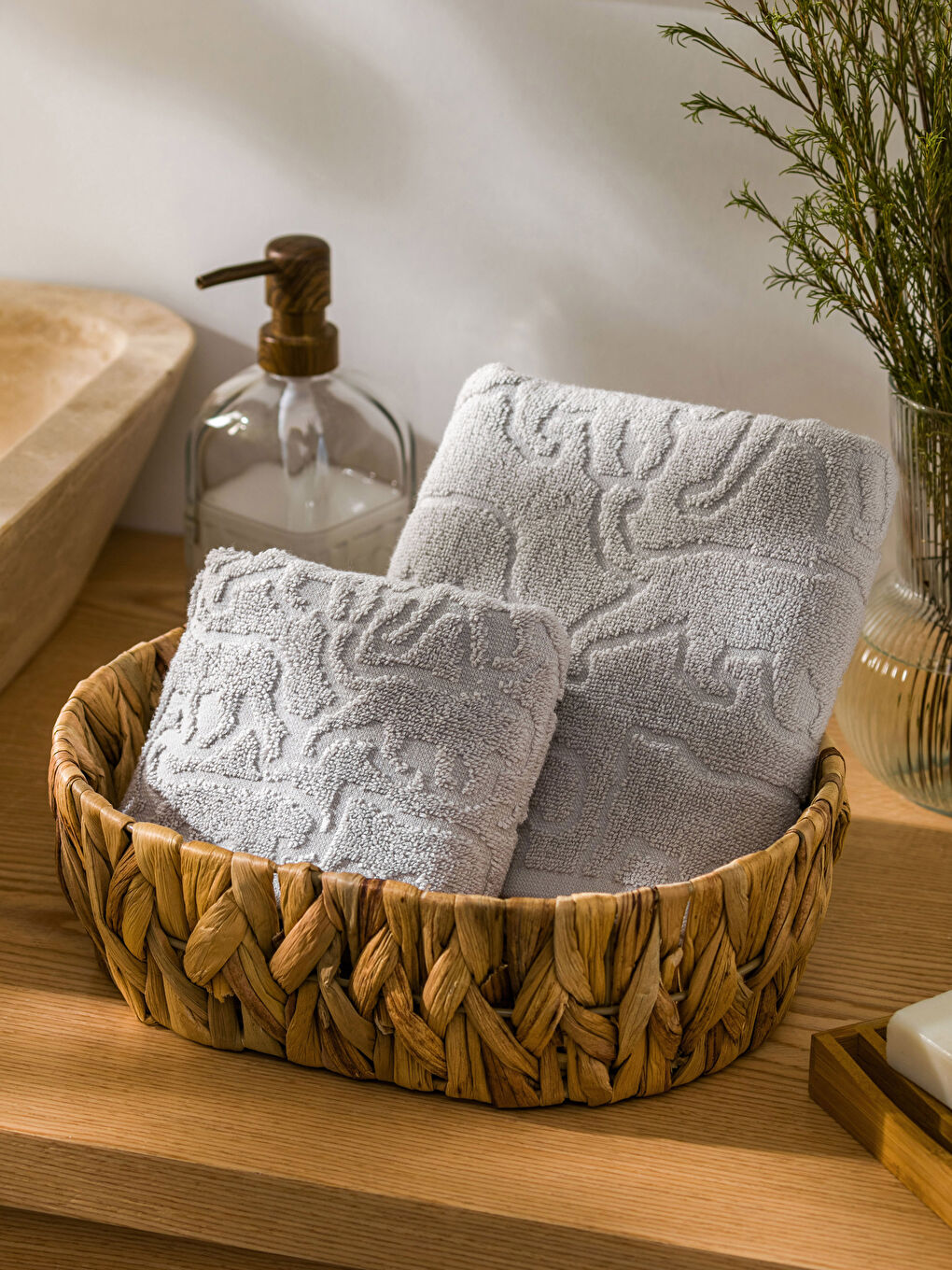 Gri Kendinden Desenli Havlu Seti 2'li-1