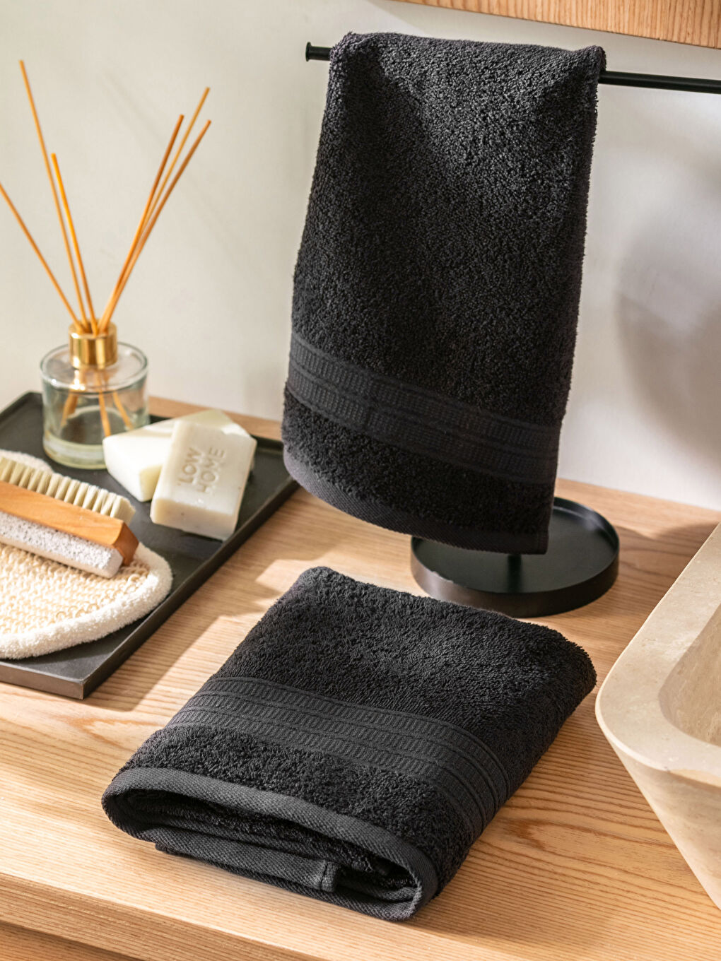 Siyah Düz Pamuklu Havlu Seti 2'li