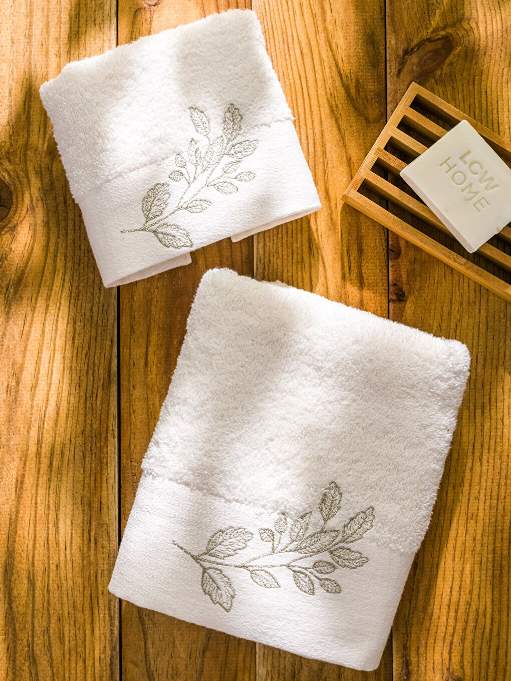 Ekru Pamuklu Nakışlı Havlu Seti 2'li-2
