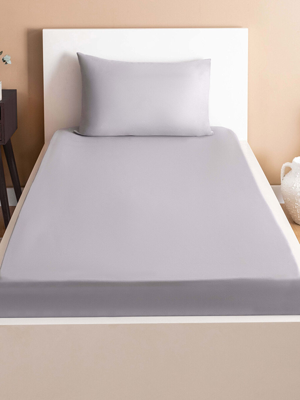 Gri Tek Kişilik Pamuklu Lastikli Çarşaf ve Yastık Kılıfı