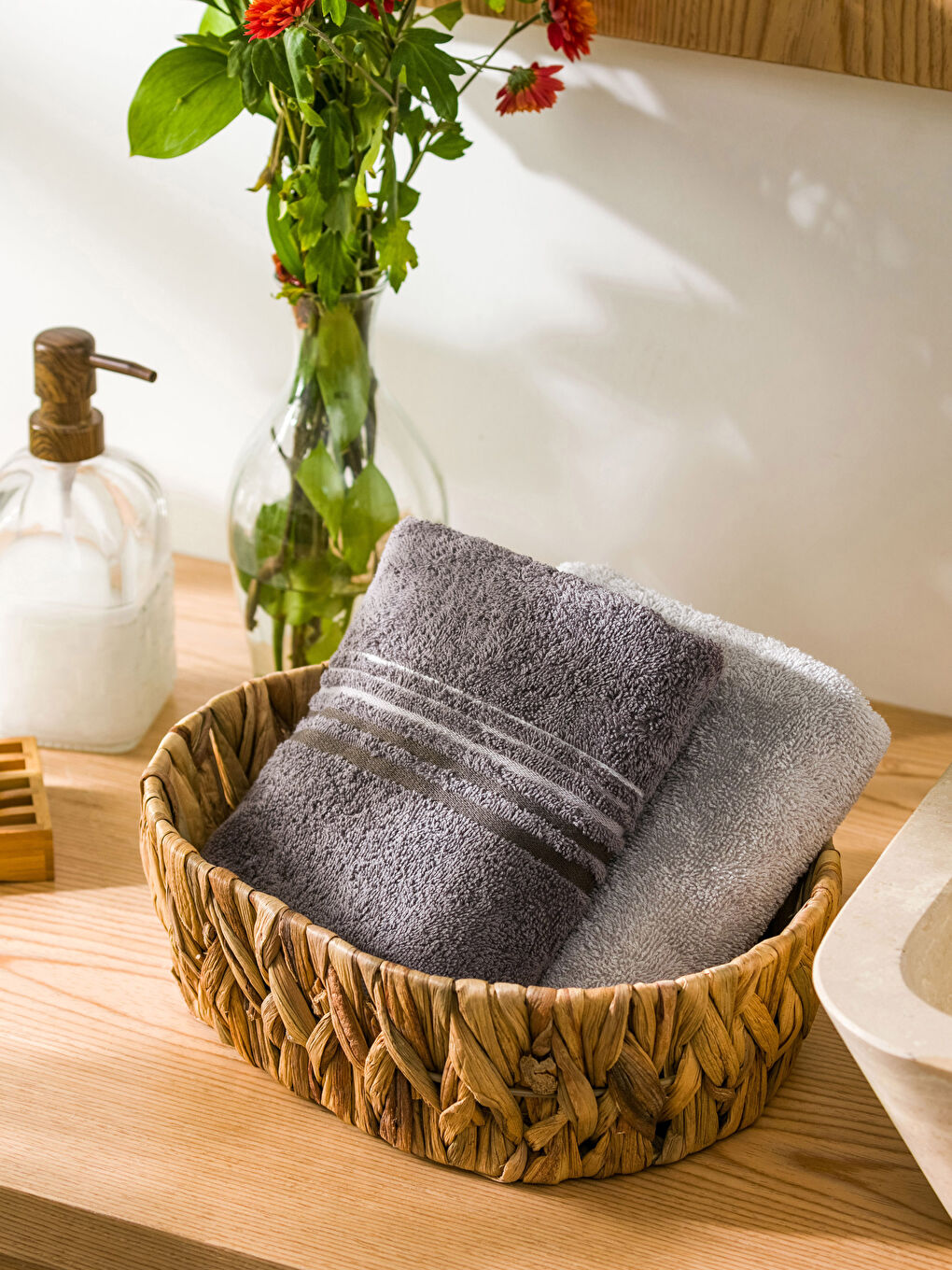 Lot de 2 Serviettes de Toilette en Coton Rayé 50x70 cm