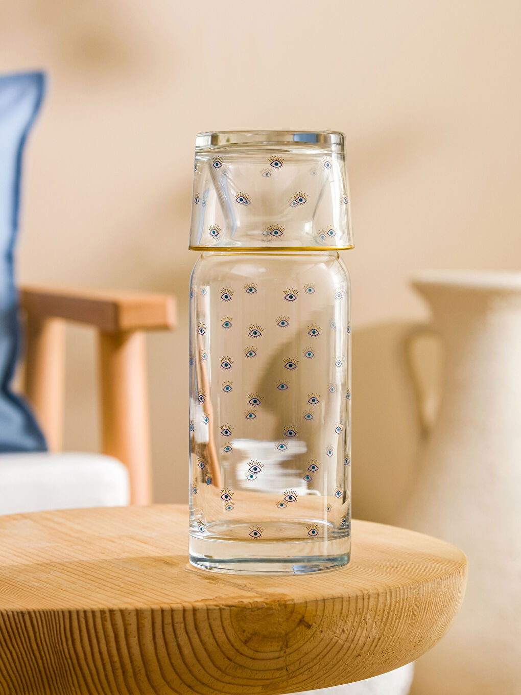 Mavi Baskılı Bardak Kapaklı Cam Sürahi 700 ml-1