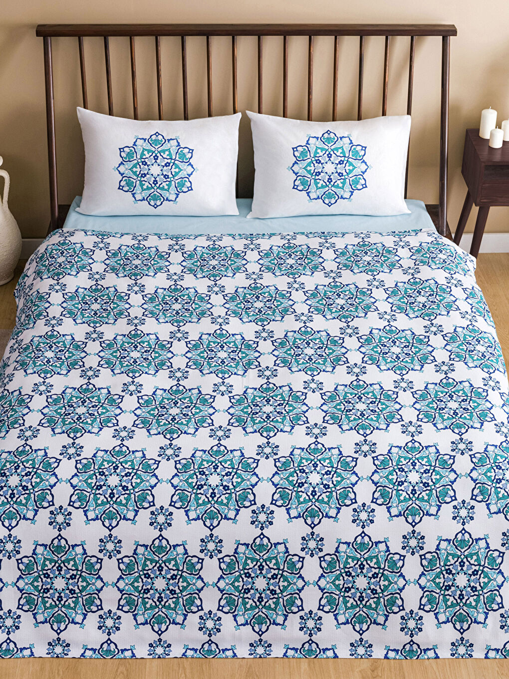 Mavi Desenli Pamuklu Çift Kişilik Pike Takımı-1