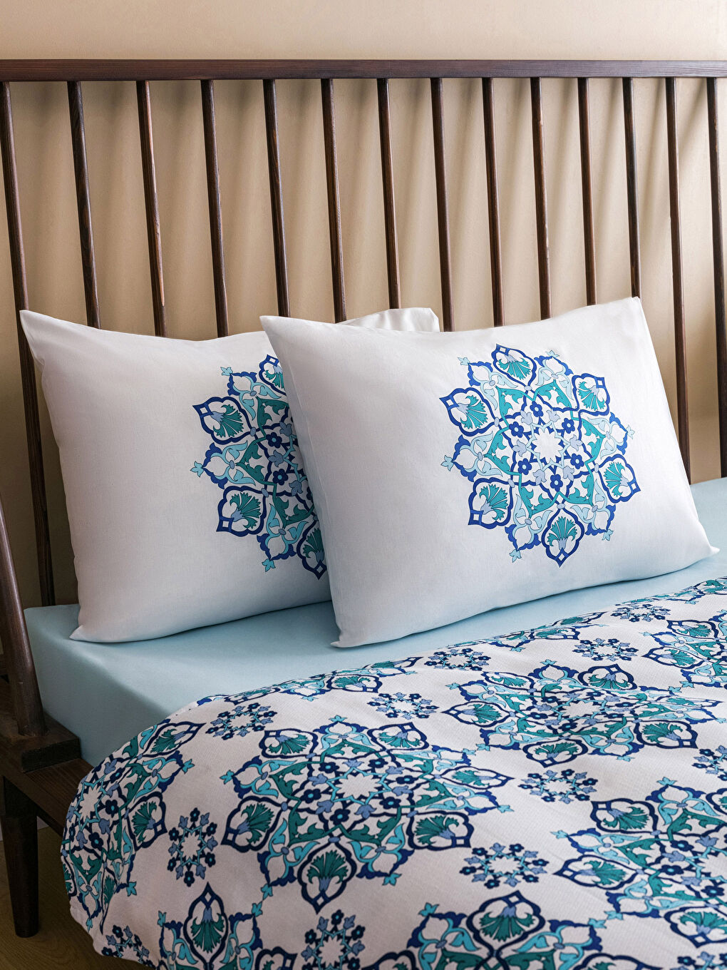 Mavi Desenli Pamuklu Çift Kişilik Pike Takımı-2